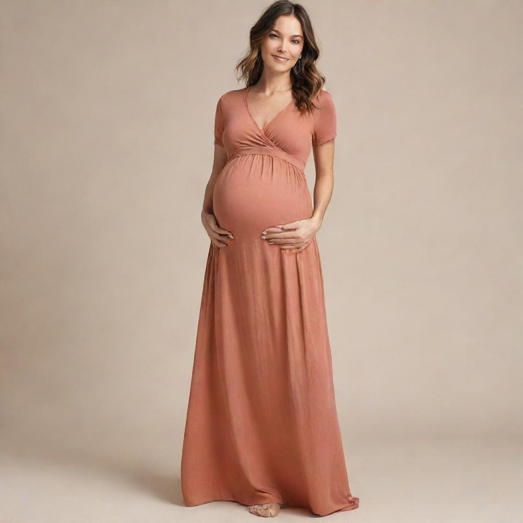 Stylish and comfortable maternity clothes including dresses, pants, and tops in soft fabrics and warm colors