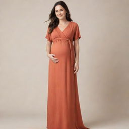 Stylish and comfortable maternity clothes including dresses, pants, and tops in soft fabrics and warm colors