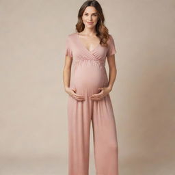 Stylish and comfortable maternity clothes including dresses, pants, and tops in soft fabrics and warm colors