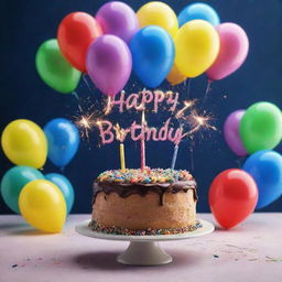 Create an enchanting animation of a birthday celebration, complete with a brightly decorated cake, sparklers, confetti, brightly colored balloons and a special message wishing a Happy Birthday.