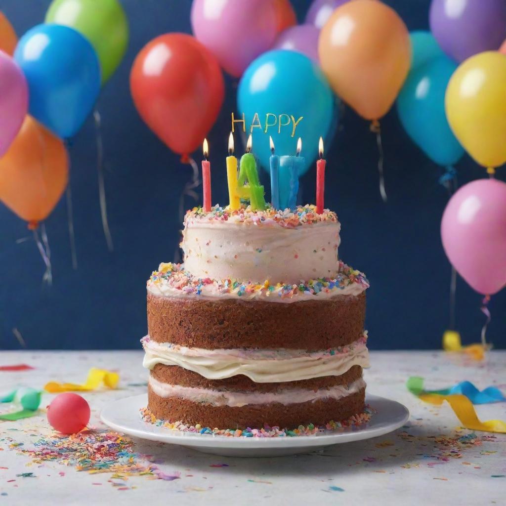 Create an enchanting animation of a birthday celebration, complete with a brightly decorated cake, sparklers, confetti, brightly colored balloons and a special message wishing a Happy Birthday.