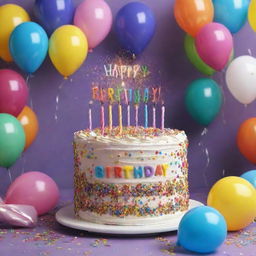 Create an enchanting animation of a birthday celebration, complete with a brightly decorated cake, sparklers, confetti, brightly colored balloons and a special message wishing a Happy Birthday.