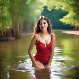 This super realistic, high-resolution, super HD quality photograph depicts a captivating Spanish woman playing in a clear, beautiful river