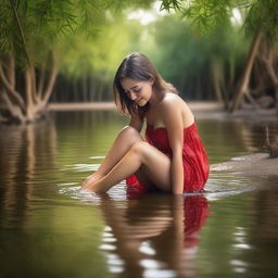 This super realistic, high-resolution, super HD quality photograph captures a captivating Spanish woman washing her feet in a clear, beautiful river