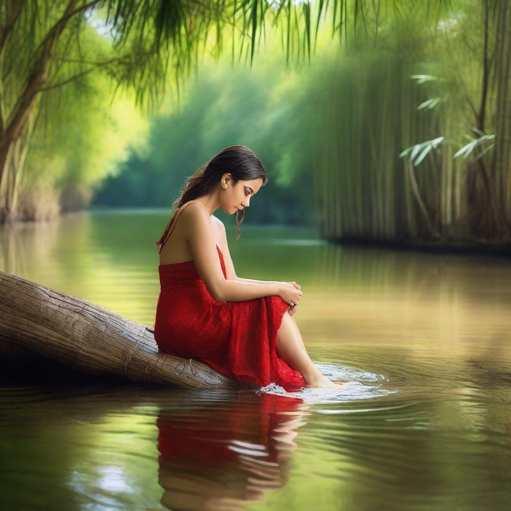 This super realistic, high-resolution, super HD quality photograph captures a captivating Spanish woman washing her feet in a clear, beautiful river