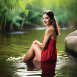 This super realistic, high-resolution, super HD quality photograph captures a captivating Spanish woman washing her feet in a clear, beautiful river