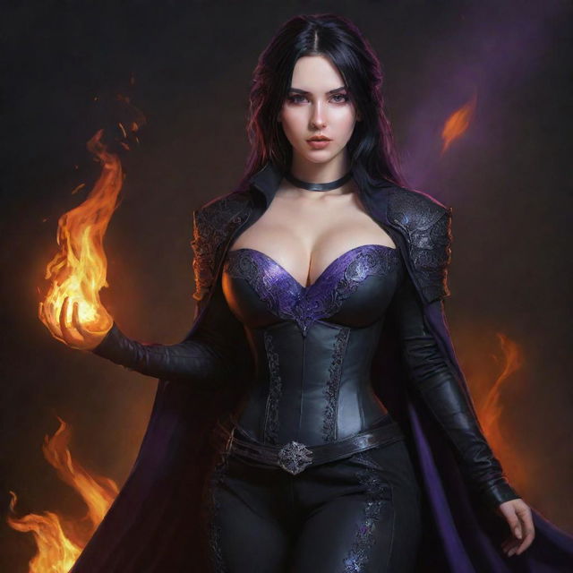 medieval beatifull,  bigb boobs, sexy full body, black hair girl with purple eyes with fire aura behind, 23 years old, she is a piro controler, black clothes, sexy, piromancer, in ocation place, charmOfTheRealm, drawing style