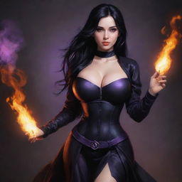 medieval beatifull,  bigb boobs, sexy full body, black hair girl with purple eyes with fire aura behind, 23 years old, she is a piro controler, black clothes, sexy, piromancer, in ocation place, charmOfTheRealm, drawing style