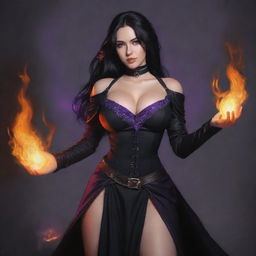 medieval beatifull,  bigb boobs, sexy full body, black hair girl with purple eyes with fire aura behind, 23 years old, she is a piro controler, black clothes, sexy, piromancer, in ocation place, charmOfTheRealm, drawing style