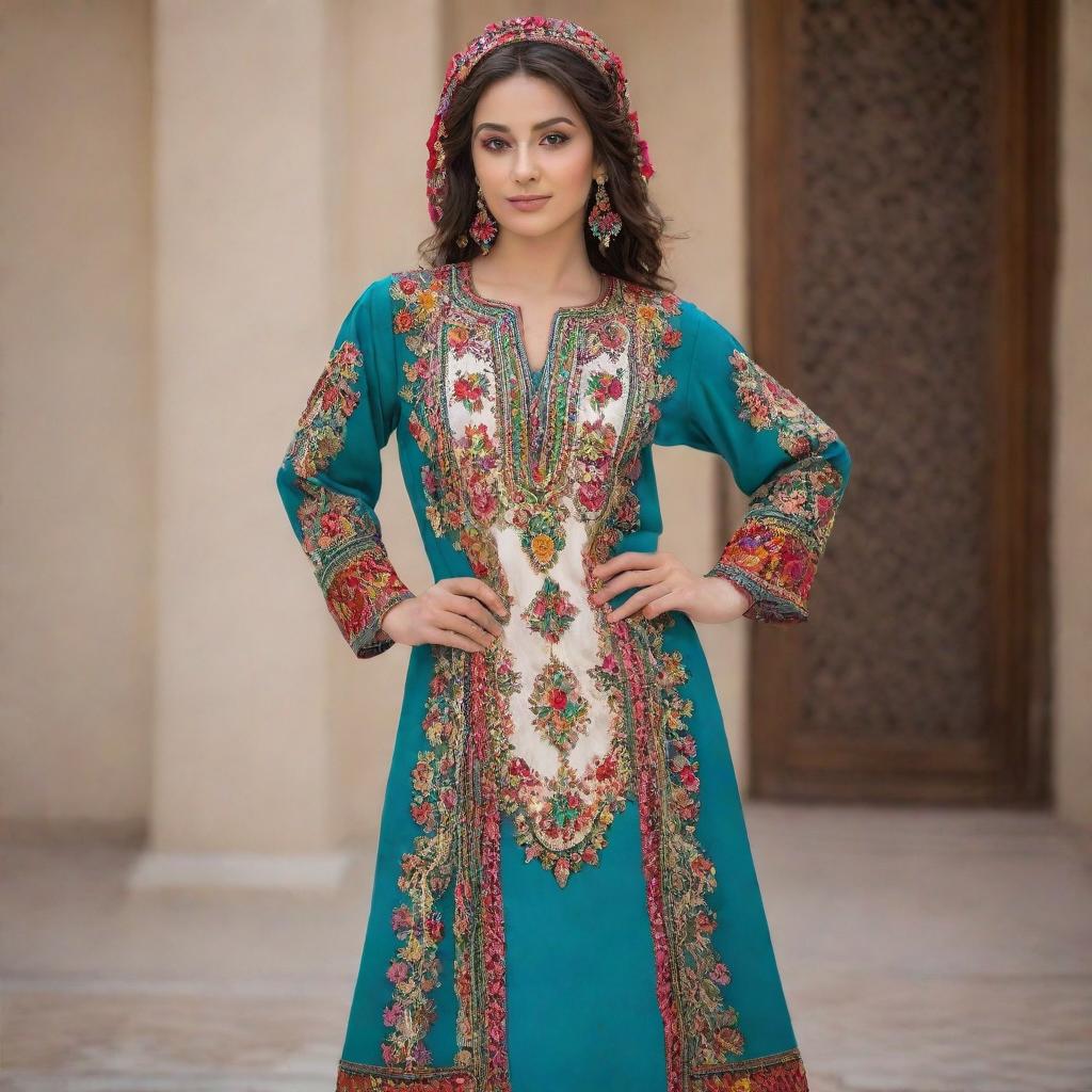 Render modern versions of traditional Algerian Karakou dress, richly embroidered in vibrant colors.