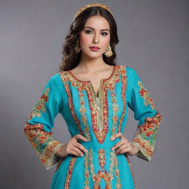 Render modern versions of traditional Algerian Karakou dress, richly embroidered in vibrant colors.