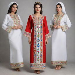 Render modern versions of traditional Algerian Karakou dress, richly embroidered in vibrant colors.