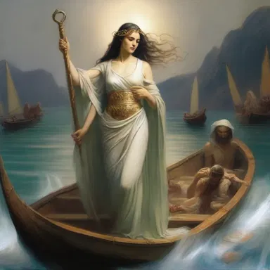 In Greek mythology, the conductress was said to be a goddess who led the souls of the deceased across the River Styx to the afterlife.