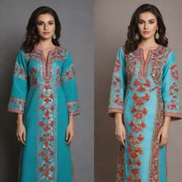 Render modern versions of traditional Algerian Karakou dress, richly embroidered in vibrant colors.