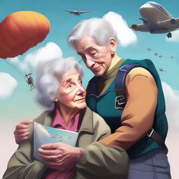 A digital art image showing an elderly woman, Isabella, gazing longingly at a picture of a man in skydiving gear