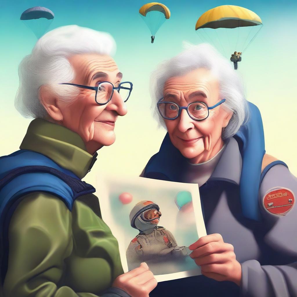 A digital art image showing an elderly woman, Isabella, gazing longingly at a picture of a man in skydiving gear