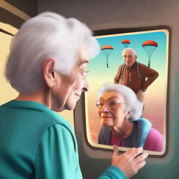 A digital art image showing an elderly woman, Isabella, gazing longingly at a picture of a man in skydiving gear