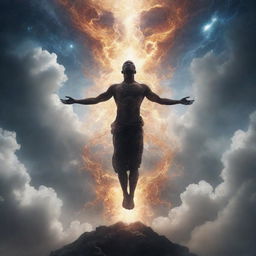 Concept art of a soul ascending intricately into the sky with digital art elements