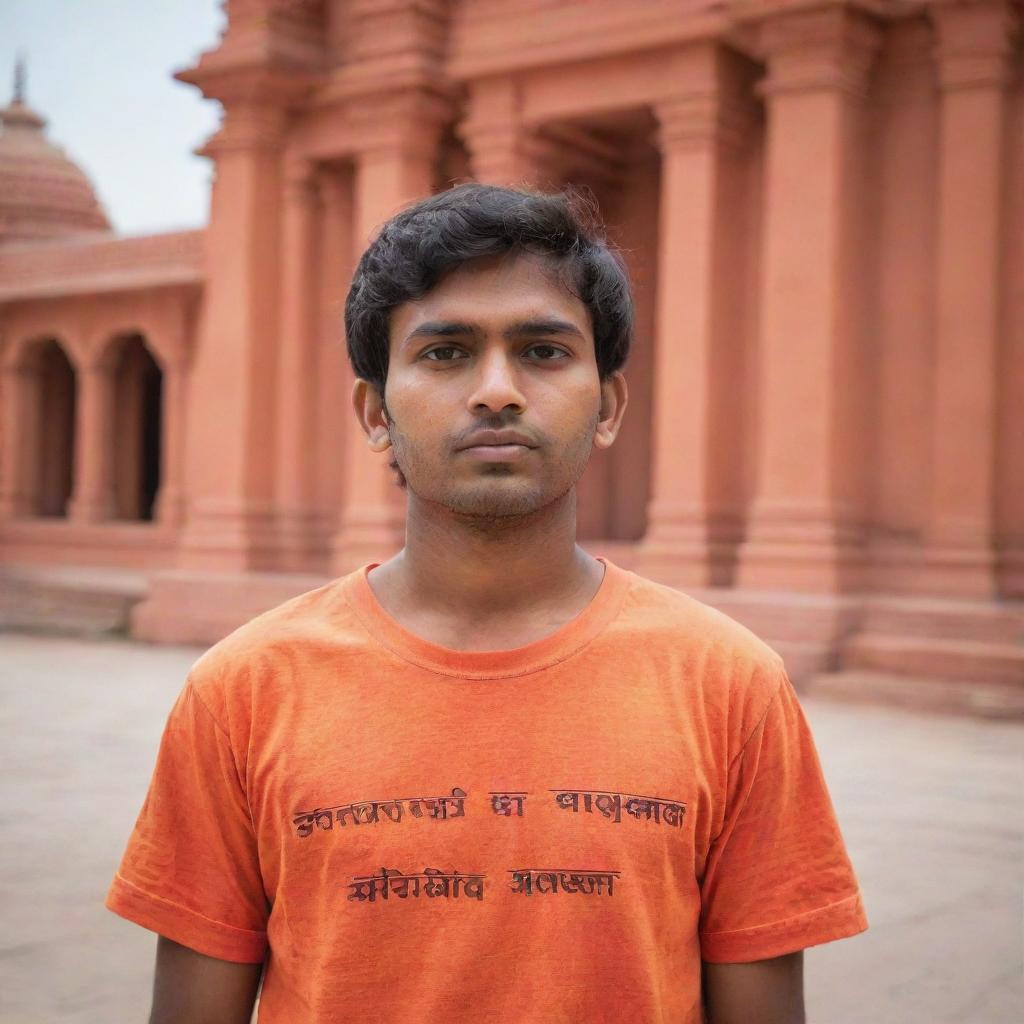 A young Indian male named Rohit Rathod, in an orange t-shirt with bold sans-serif inscription, standing mesmerized by his surroundings at the vibrant Ram Temple in Ayodhya, India.