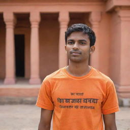 A young Indian male named Rohit Rathod, in an orange t-shirt with bold sans-serif inscription, standing mesmerized by his surroundings at the vibrant Ram Temple in Ayodhya, India.