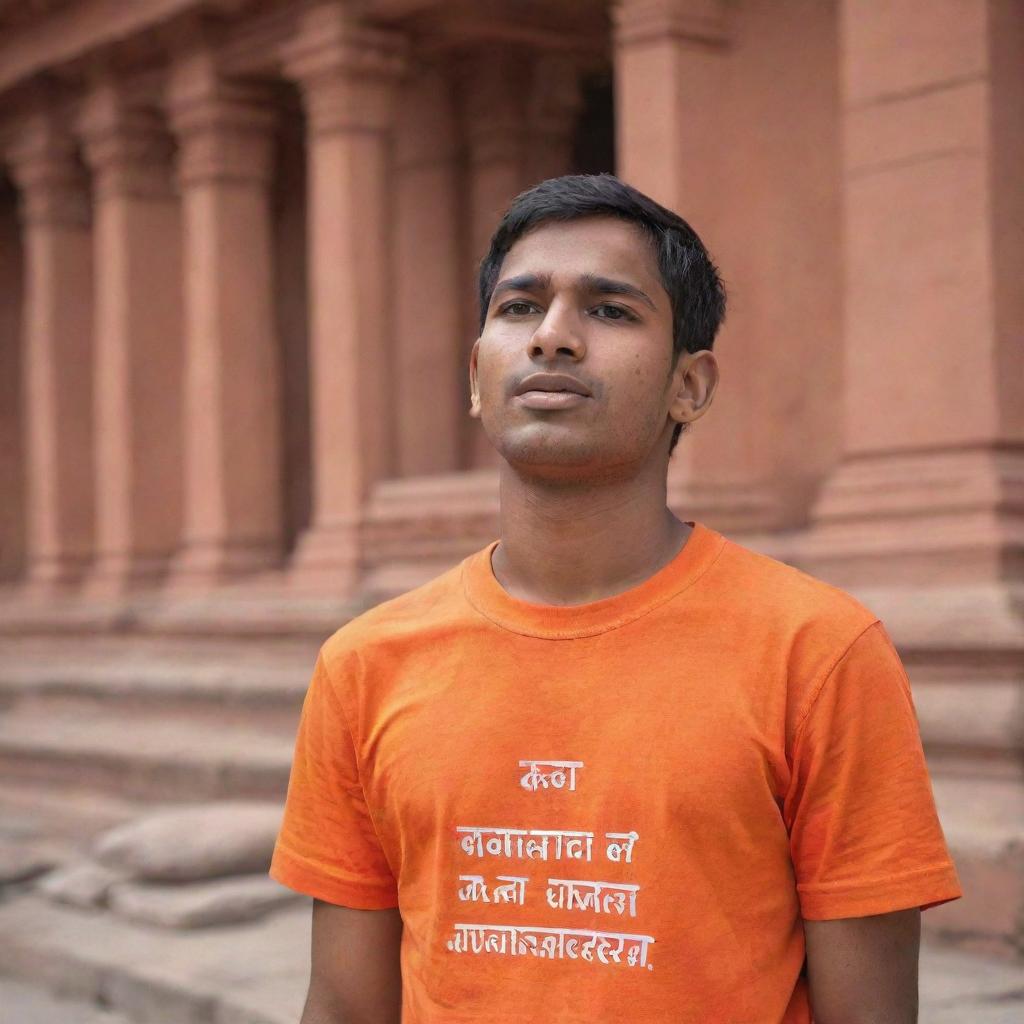 A young Indian male named Rohit Rathod, in an orange t-shirt with bold sans-serif inscription, standing mesmerized by his surroundings at the vibrant Ram Temple in Ayodhya, India.