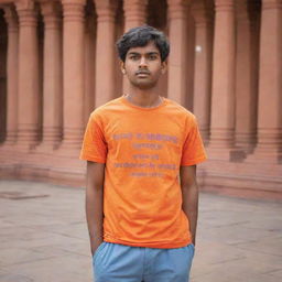 A young Indian male named Rohit Rathod, in an orange t-shirt with bold sans-serif inscription, standing mesmerized by his surroundings at the vibrant Ram Temple in Ayodhya, India.