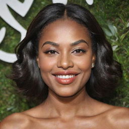 Create an image of a woman with almond eyes, a small Nubian nose, rosy apple cheeks that intensify when she laughs, a prominent forehead, an oval-shaped face, high-arched brows, dark brown hair and eyes, and full, sharply defined lower lips.