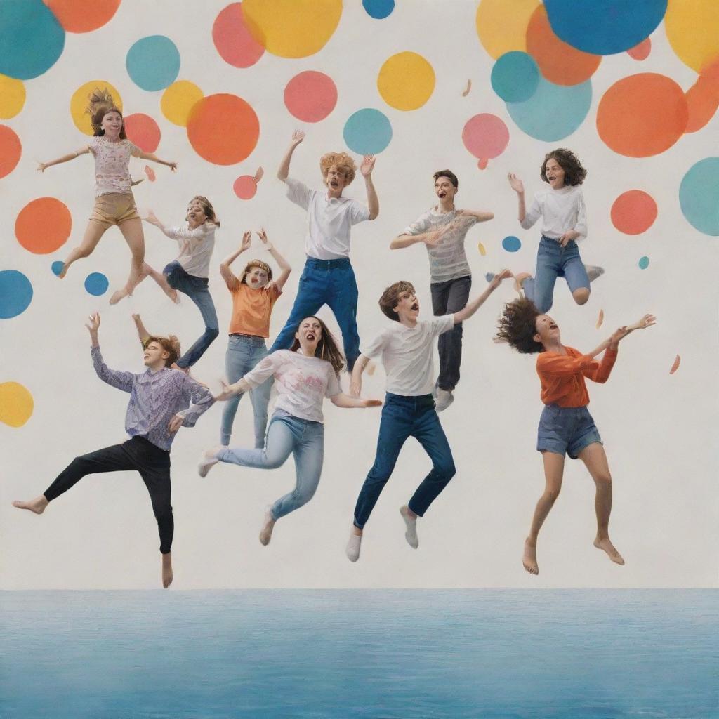 Seven teenagers, composed of five boys and two girls, joyfully playing amidst abstract representations of floating, cascading musical melodies.