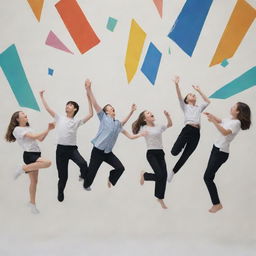 Seven teenagers, composed of five boys and two girls, joyfully playing amidst abstract representations of floating, cascading musical melodies.