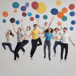 Seven teenagers, composed of five boys and two girls, joyfully playing amidst abstract representations of floating, cascading musical melodies.