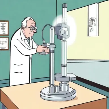 In the cartoon, the scientist sets up an optical bench to observe the behavior of light.