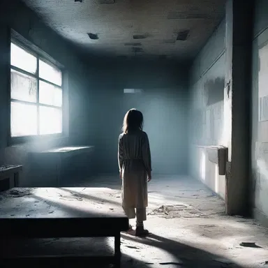 As the protagonist enters the abandoned laboratory, she notices an eerie optical bench covered in dust.