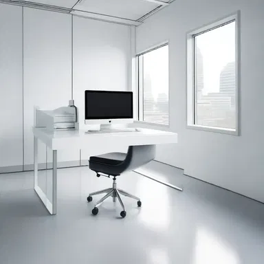 The modern office interior features a sleek optical bench specially designed for precise optical measurements.