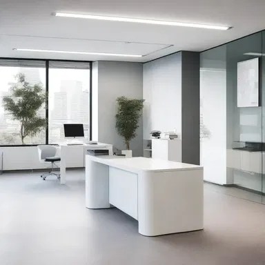 The modern office interior features a sleek optical bench specially designed for precise optical measurements.