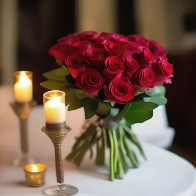 The gentleman brought a bouquet of red roses for his date, embracing the romantic atmosphere of the candlelit dinner.