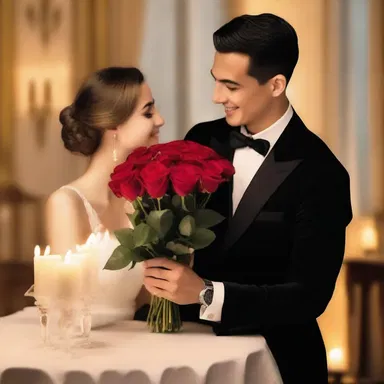 The gentleman brought a bouquet of red roses for his date, embracing the romantic atmosphere of the candlelit dinner.