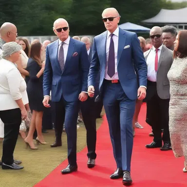 The gentleman sported a tailored suit with a matching silk tie, setting the bar high for fashion standards at the event.