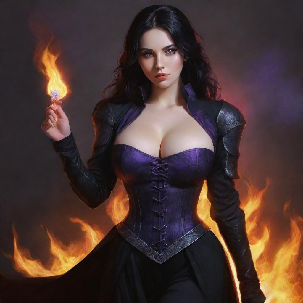 medieval beatifull,  bigb boobs, sexy full body, black hair girl with purple eyes with fire aura behind, 23 years old, she is a piro controler, black clothes, sexy, piromancer, in ocation place, charmOfTheRealm, drawing style