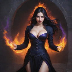 medieval beatifull,  bigb boobs, sexy full body, black hair girl with purple eyes with fire aura behind, 23 years old, she is a piro controler, black clothes, sexy, piromancer, in ocation place, charmOfTheRealm, drawing style