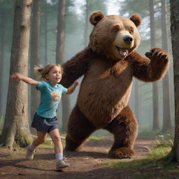 A determined young girl, Masha, athletically kicking an oversized but non-threatening cartoon bear in a playful, dynamic scene in the woods.