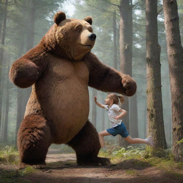 A determined young girl, Masha, athletically kicking an oversized but non-threatening cartoon bear in a playful, dynamic scene in the woods.