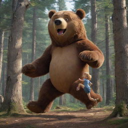 A determined young girl, Masha, athletically kicking an oversized but non-threatening cartoon bear in a playful, dynamic scene in the woods.