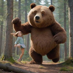 A determined young girl, Masha, athletically kicking an oversized but non-threatening cartoon bear in a playful, dynamic scene in the woods.