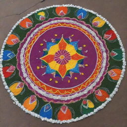 A vibrant, intricate rangoli representing the Indian festival of Makar Sankranti, decorated with festive motifs, flowers and kites.