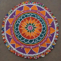 A vibrant, intricate rangoli representing the Indian festival of Makar Sankranti, decorated with festive motifs, flowers and kites.