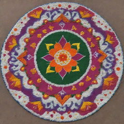 A vibrant, intricate rangoli representing the Indian festival of Makar Sankranti, decorated with festive motifs, flowers and kites.