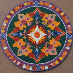 A vibrant, intricate rangoli representing the Indian festival of Makar Sankranti, decorated with festive motifs, flowers and kites.