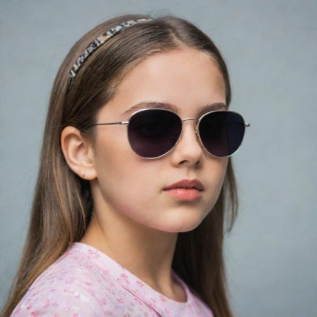 A stylish young girl reminiscent of Addison Rae, wearing fashionable sunglasses.