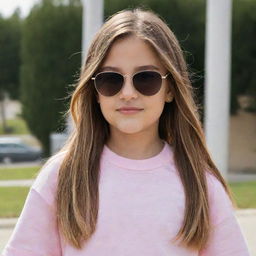 A stylish young girl reminiscent of Addison Rae, wearing fashionable sunglasses.