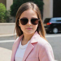 A stylish young girl reminiscent of Addison Rae, wearing fashionable sunglasses.